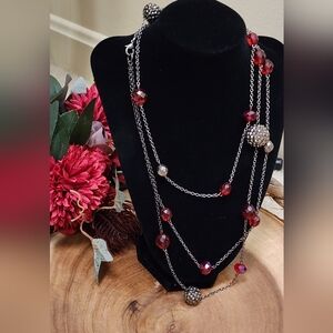Vintage Red Beaded Long Layered Necklace